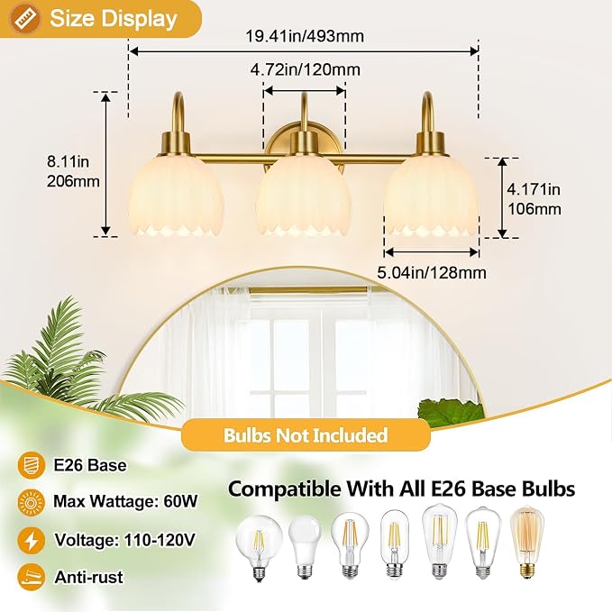 Bathroom Light Fixtures, 3-Light Gold Vanity Light Fixtures - Image 8