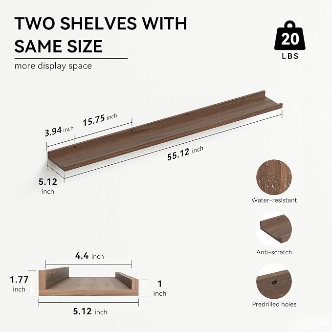 Boswillon 55.1 Inches Long Floating Shelves, 2 Set Rustic Wall Shelf - Image 3