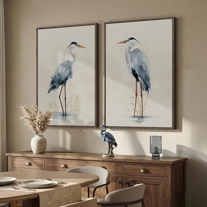Large Framed Vintage Bird Wall Art, 2 Piece Neutral Blue Heron Canvas Painting - Image 4