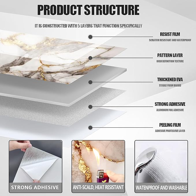 10pcs Peel and Stick Tile Shower Waterproof Marble Tiles Wall Panels, - Image 4