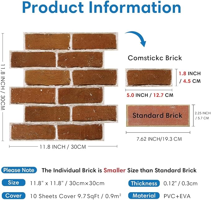 COMSTICKC 3D Faux Brick Wall Panels Peel and Stick Wall Stickers, Small Size - Image 4