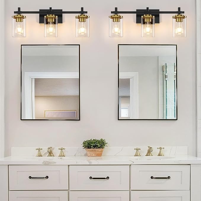3-Lights Black and Gold Bathroom Light Fixtures Over Mirror, Modern Brushed - Image 4