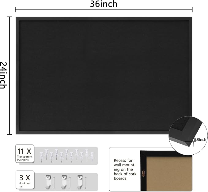 DAHAPYBOO Cork Board with Linen Black, Bulletin Board 36"x24", Corkboards - Image 2
