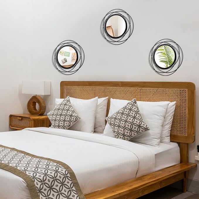 3 Set 13 Inch Black Circle Mirrors Wall Decor Iron Frame Wire Mirror Metal - Image 3