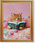 Fantasy Artists Gold Framed Wall Art Prints, Cute Orange Cat Reading a Green by Unknown