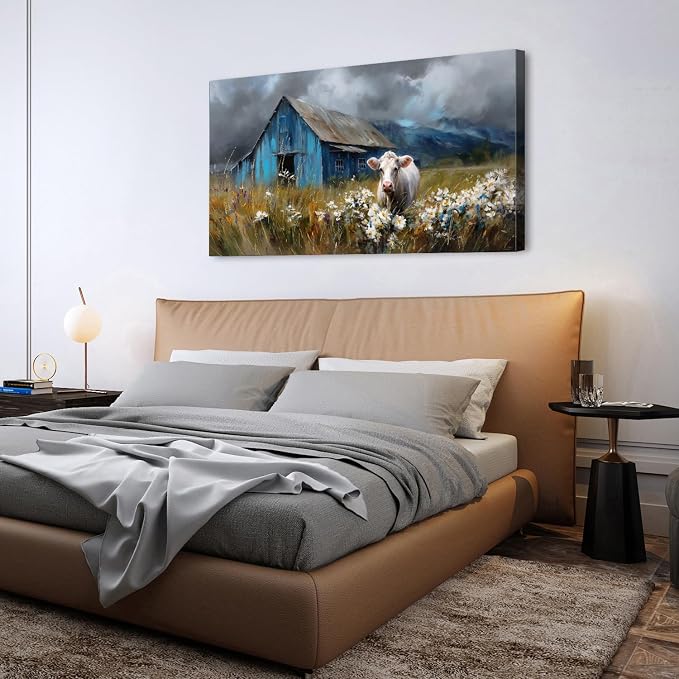 Rustic Farmhouse Wall Art Cow and Blue Barn Canvas Pictures Country Landscape - Image 3