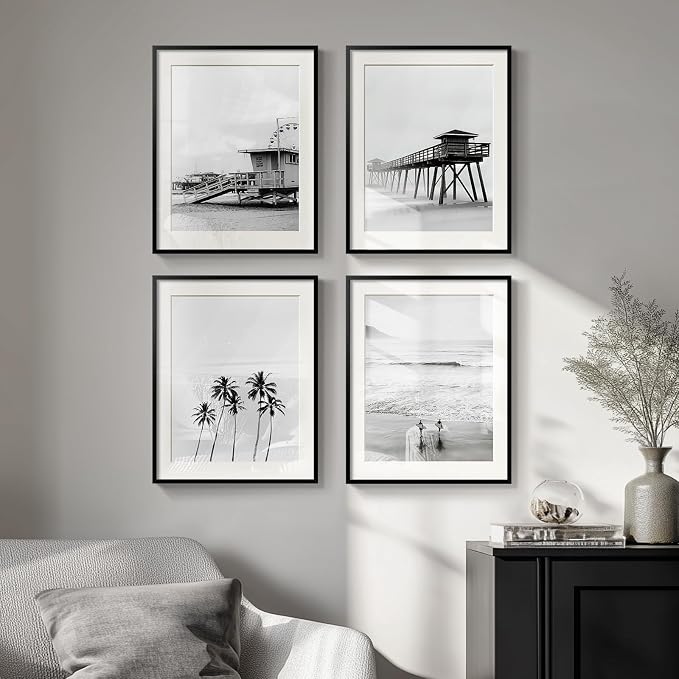 Framed Black and White Beach Wall Art, 4 Piece Coastal Photography Canvas - Image 2