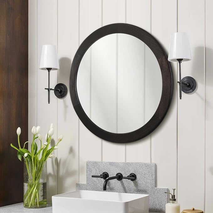 Round Mirrors 24 Inch, Wood Vanity Wall Rustic Mirror - Image 6
