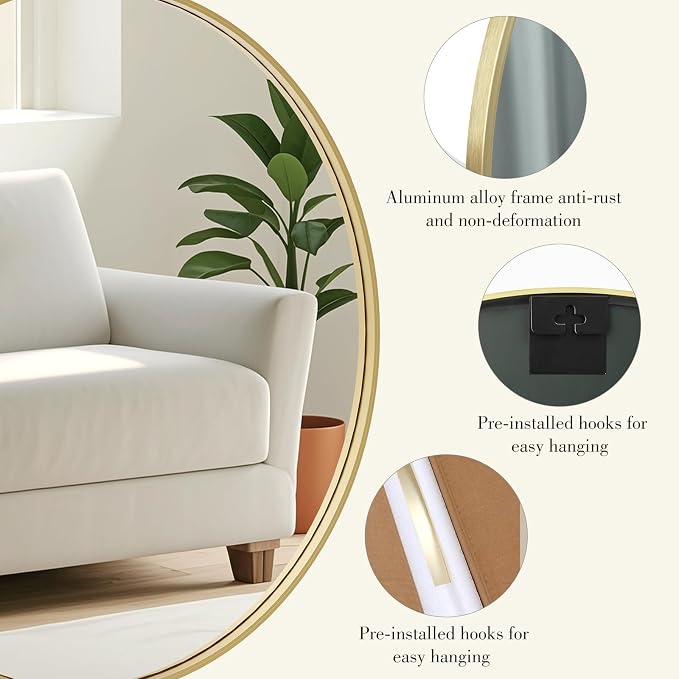 DUMOS Gold Circle Mirror for Wall 24.02 inch, Bathroom Round Mirror for Over - Image 2