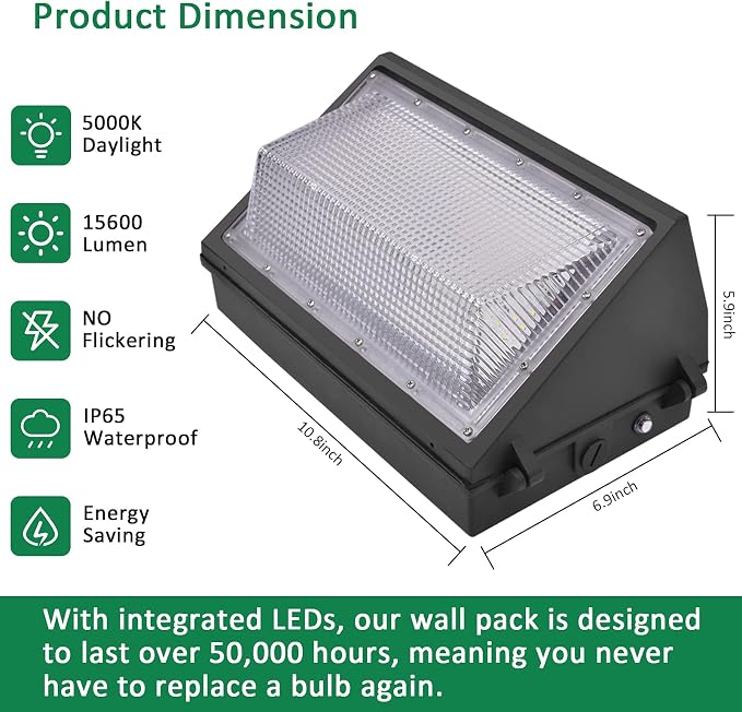 LED Wall Pack Light with Dusk to Dawn Photocell, 120W 15600LM 5000K Daylight - Image 2