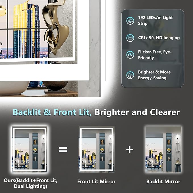 24x30 LED Bathroom Mirror with Lights, Backlit and Front Lit Anti-Fog Lighted - Image 3