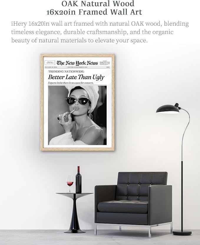 iHery Better Late Than Ugly Natural OAK Wood Audrey Hepburn Newspaper Trendy - Image 4