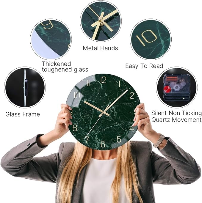 VIKMARI Emerald Green Glass Wall Clock Silent Non-Ticking Battery Operated 10 - Image 5