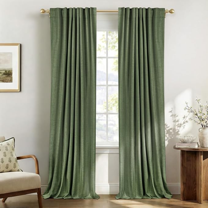 100% Blackout Shield Olive Green Linen Blackout Curtains by 100BlackoutShield