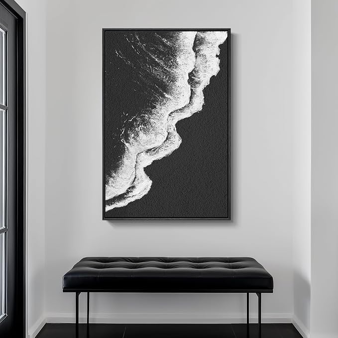 Framed Black and White Abstract Beach Canvas Wall Art, Modern Minimalist Art - Image 5
