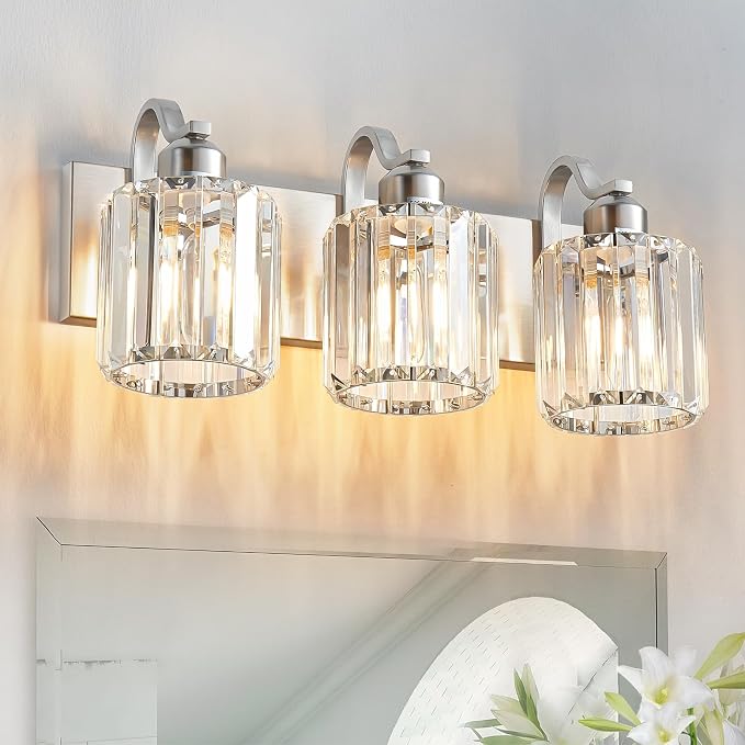 Modern Vanity Light 3-Lights Brushed Nickel Vanity Light Crystal Bathroom Wall by AIXIALIN