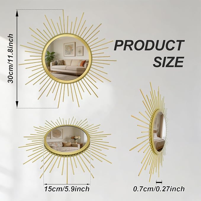 3 Set Gold Sunburst Mirrors for Wall Decorative Metal Mirrors Small Mirror Sets - Image 5