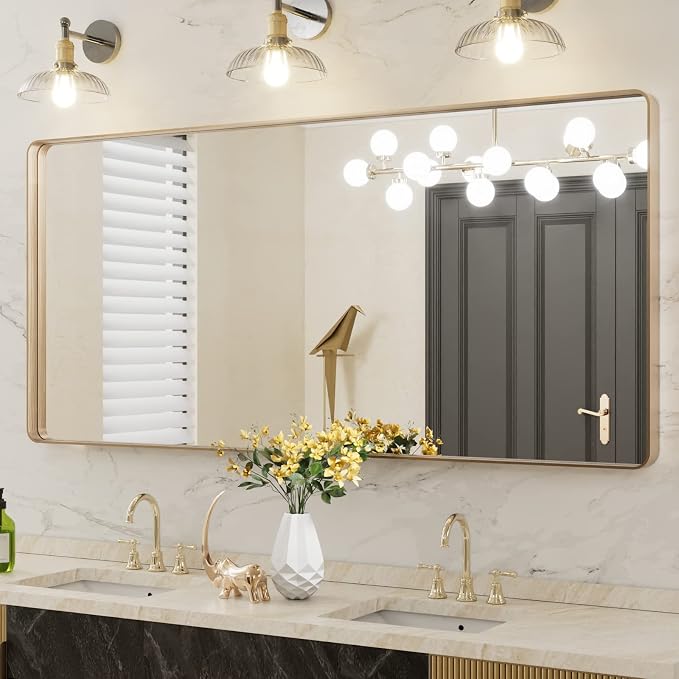 LOAAO 60”X28” Gold Bathroom Mirror, Rounded Rectangle Gold Frame Mirror - Image 8