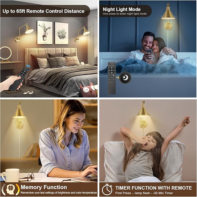 TRLIFE Wall Sconce with Remote Control, Brushed Brass Plug in Wall Sconces - Image 3