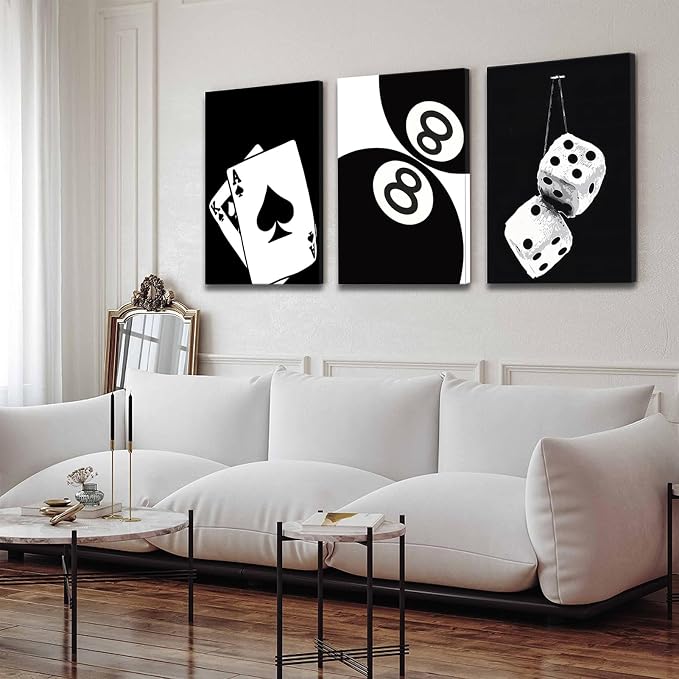 BOKPEN 3Pcs Black and White Poker Dice Canvas Wall Art Lucky You Poster Prints - Image 4