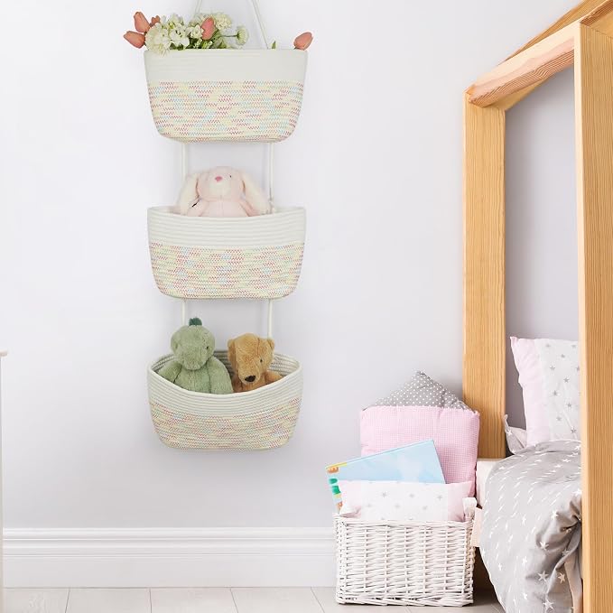 TeoKJ Over the Door Hanging Basket, 3-Tier Woven Cotton Wall-Mounted Storage - Image 5