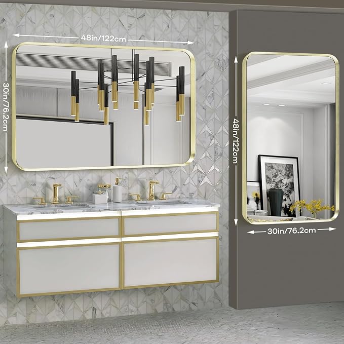 Large Gold Bathroom Mirror, Rounded Corner Rectangular Brushed Gold Frame - Image 3