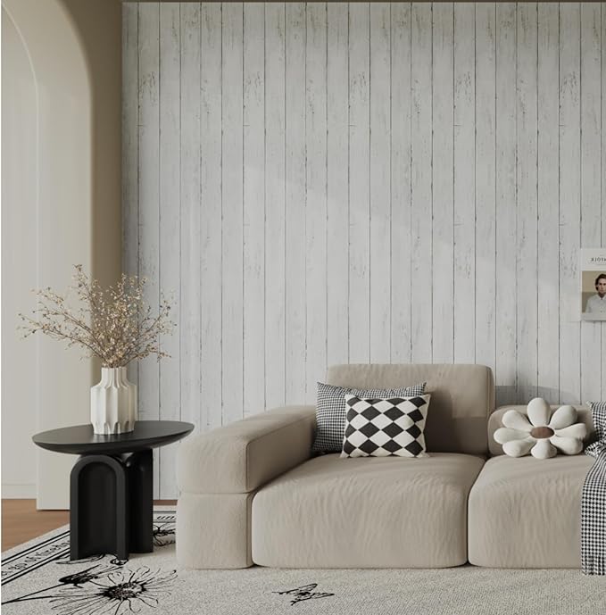 Abyssaly Peel and Stick Wallpaper 17.7" X 118" White Gray Wood Shiplap Contact - Image 2