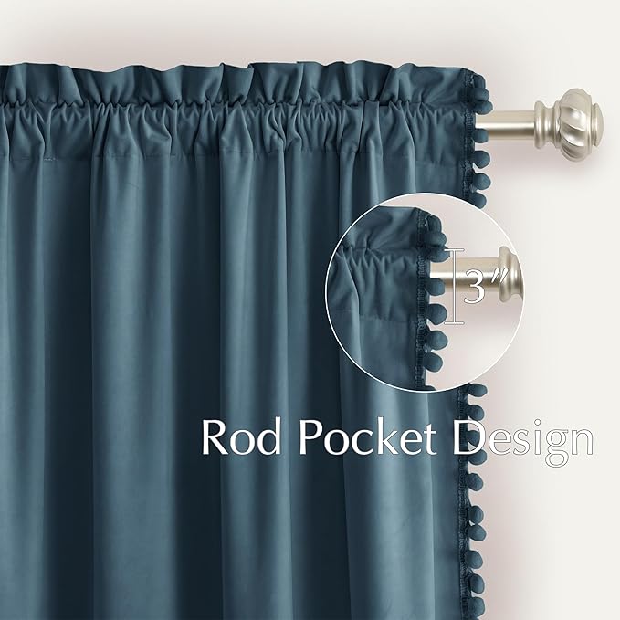 NICETOWN Slate Blue Velvet Curtains 84 Inch Length – Pom Pom Room Darkening - Image 4