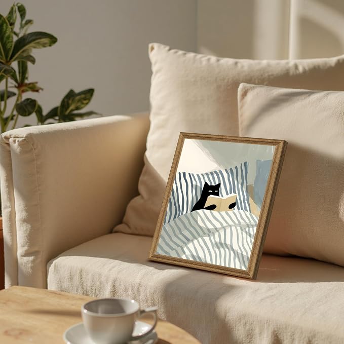Fantasy Artists Reading Black Cat on Bed Wood Framed Wall Art, 8x10 Inches - Image 3