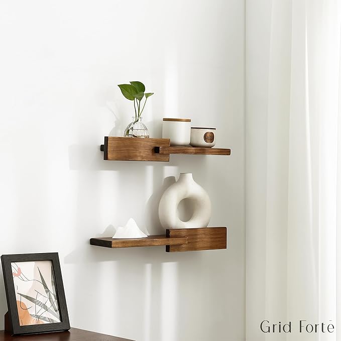GRID FORTE Wood Floating Shelf Set of 2, 4.5D x 15W Inch Modern Reversible Wall - Image 7