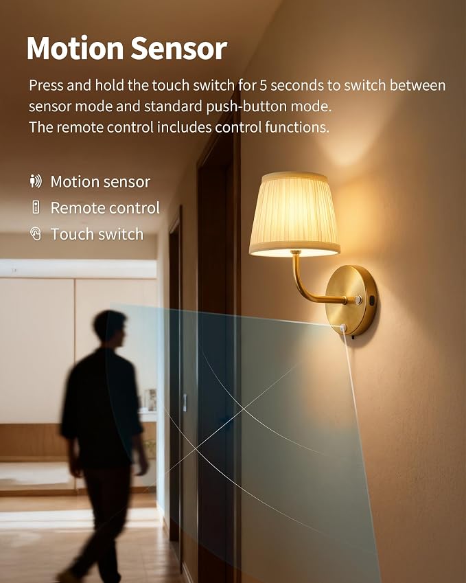 PUSU Motion Sensor Gold H9.6 inch Small Wall Sconces Set of 2, LED Cordless - Image 2