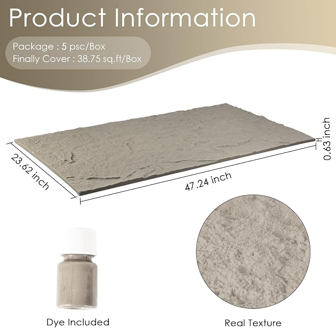 5-Pack 3D Faux Stone Wall Panels, PU Cement-Texture Wainscoting Panels - Image 2