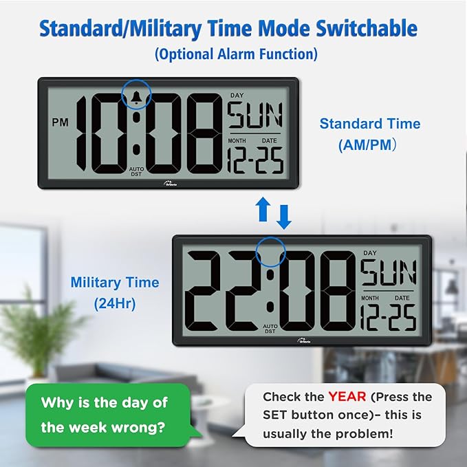 WallarGe 14.5'' Large Digital Wall Clock Battery Operated - Image 4