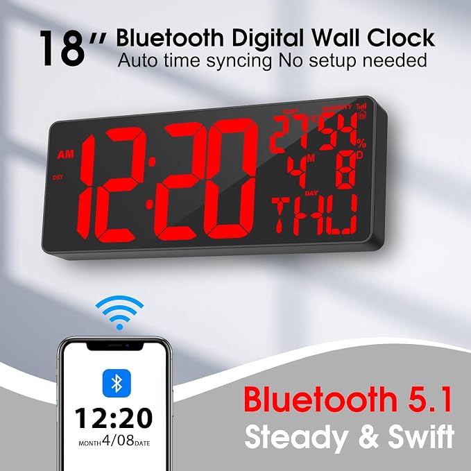 18" Digital Wall Clock Large Display/Bluetooth Sync Time, Large Wall Clock - Image 2