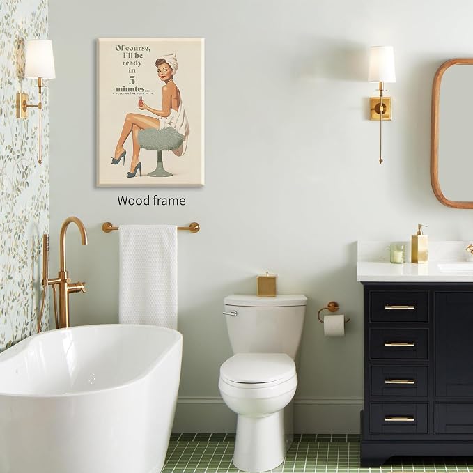Boho Sage Green Bathroom Poster Vintage 70s Pin Up Girl Wall Art 12X16 inch - Image 3