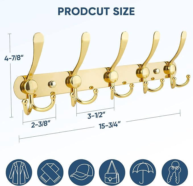 TICONN Wall Mounted Coat Rack, Five Heavy Duty Tri Hooks All Metal Construction - Image 2