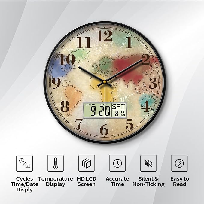 12" Silent Non-Ticking Vintage Distressed World Map Wall Clock, Battery - Image 2
