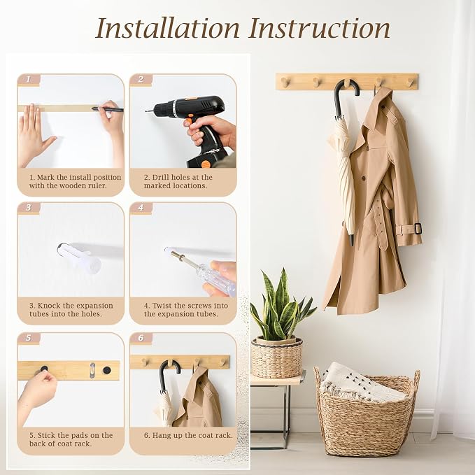 Coat Rack Wall Mount, Wooden Coat Hanger - Image 7