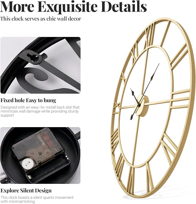 Cuspin 36 Inch Large Gold Wall Clock, Battery Operated Silent Non Ticking Metal - Image 5