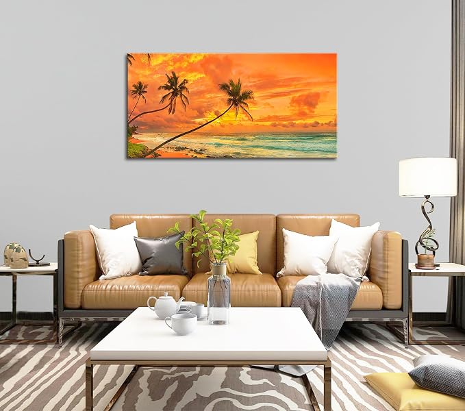 Tropical Beach Sunset Large Wall Art – Stretched & Framed Ocean Waves Canvas - Image 6