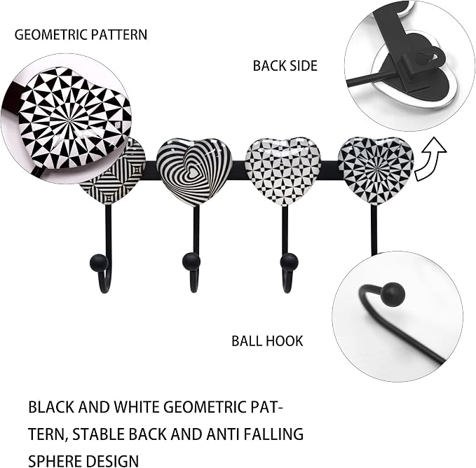 Coat Rack Wall Mounted with 4 Hooks, Heart Geometric Pattern Decorative Wall - Image 3