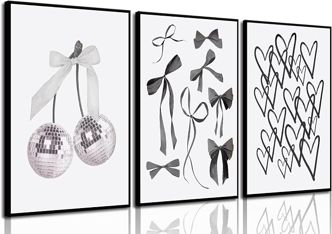 BOKPEN 3pcs Black and White Trendy Preppy Wall Art Bows Disco Ball Many Heart by bokpen