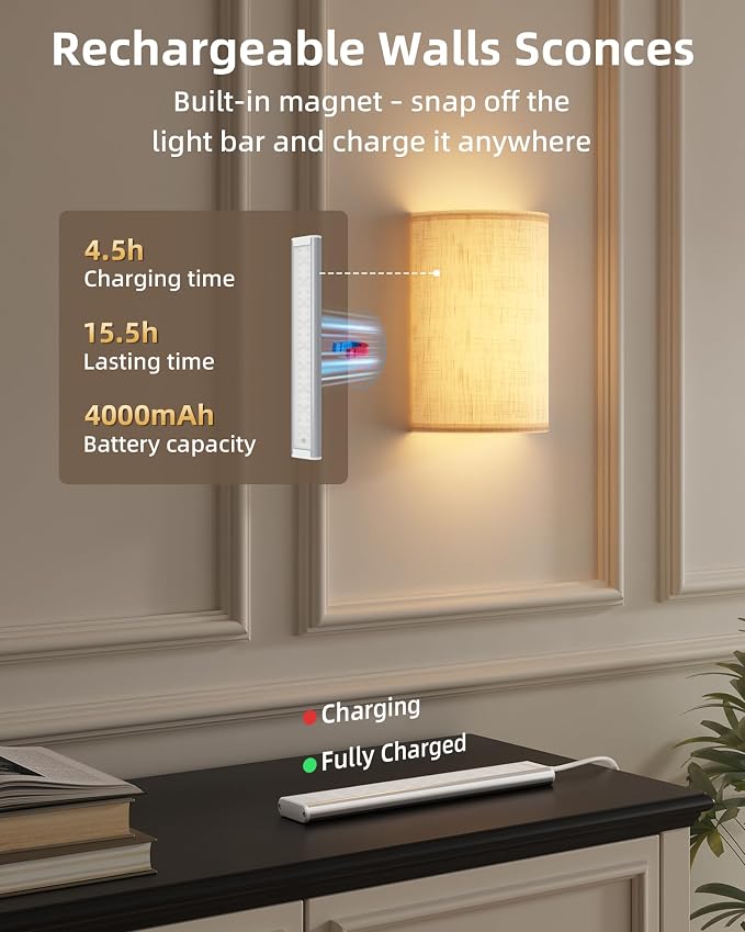 EZVALO Battery Operated Wall Sconce, Rechargeable Wall Sconces Set of Two - Image 4
