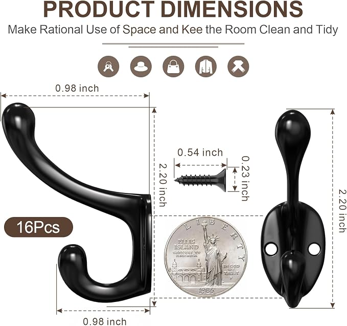Coat Hooks, 16 Pack Black Metal Heavy Duty Screw-in Wall Hooks - Image 2