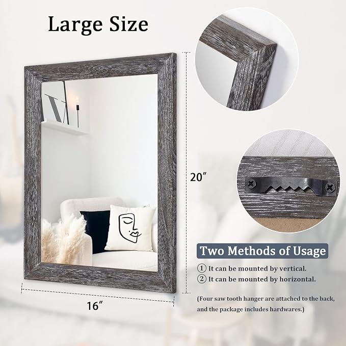 AAZZKANG Wall Mirror with Rectangle Wood Frame Large 20"x16" Rustic Decorative - Image 2