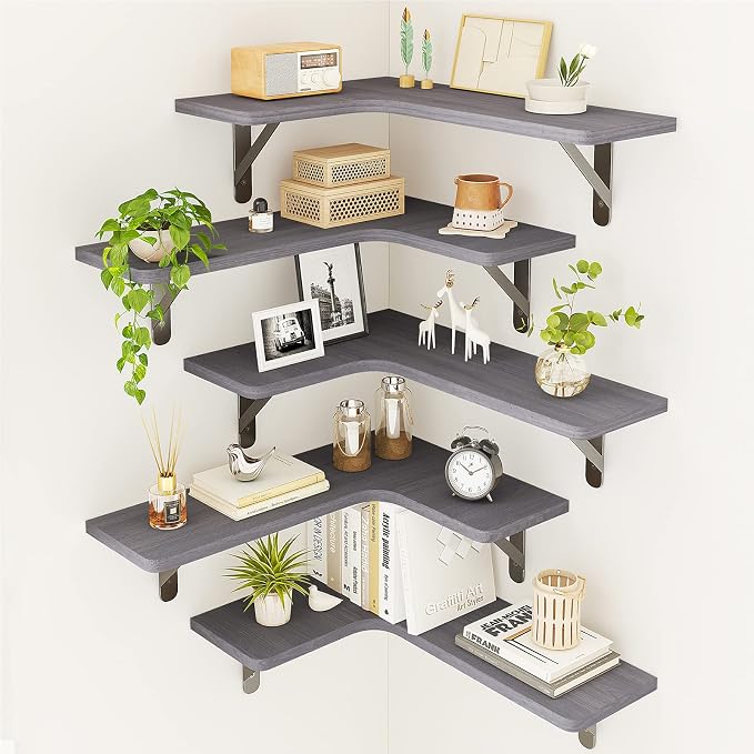 Fixwal Corner Floating Shelves Set of 5, Rustic Wood Wall Mounted Corner Shelf by Fixwal