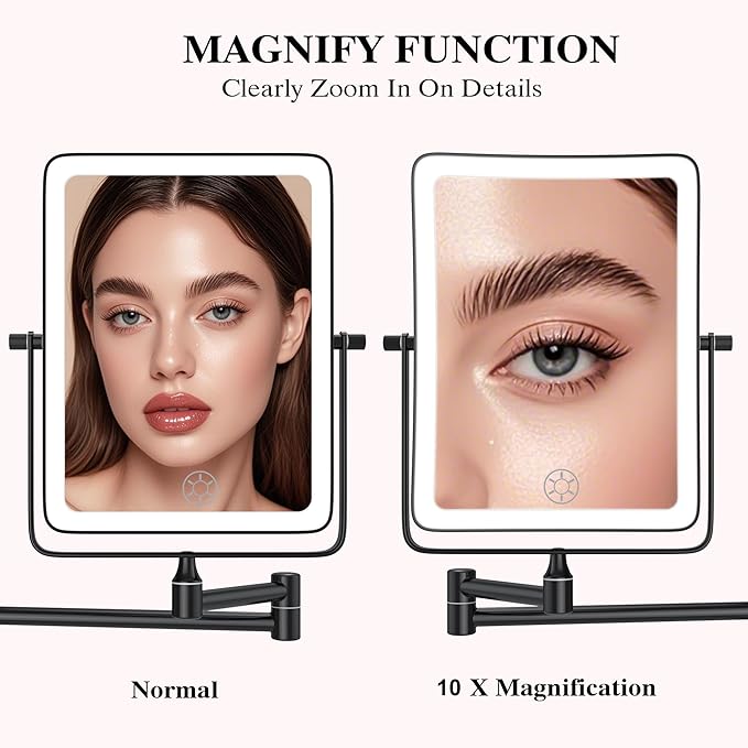 Wall Mounted Lighted Makeup Mirror, Rectangle Double Sided 1X/10X Magnifying - Image 2