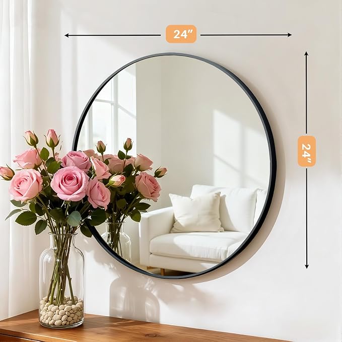 Bathroom Mirror for Wall, 24 Inch Round Mirror, Matte Black Metal Framed Circle - Image 3