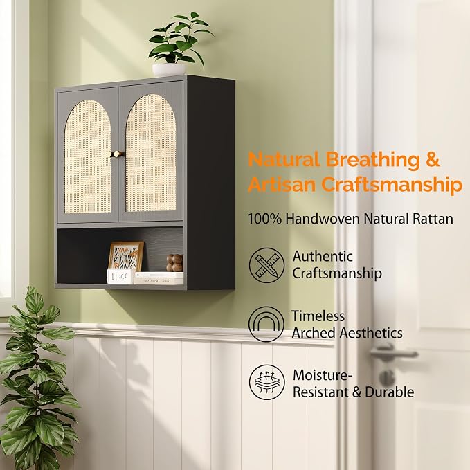 VINGLI Black Rattan Medicine Cabinet Wall Mounted, Arched Modern Farmhouse - Image 8