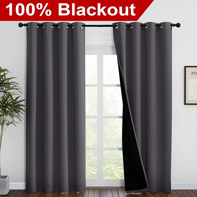 NICETOWN Grey Full Shade Curtain Panels, Pair of Energy Smart & Noise Blocking - Image 2